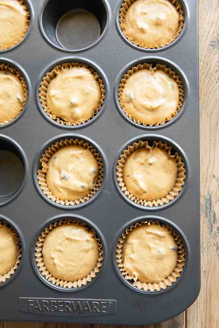 Pumpkin Cottage Cheese Muffins batter in a muffin tin.