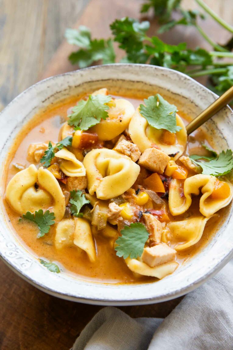 Angled photo of Creamy Tortellini Soup recipe.