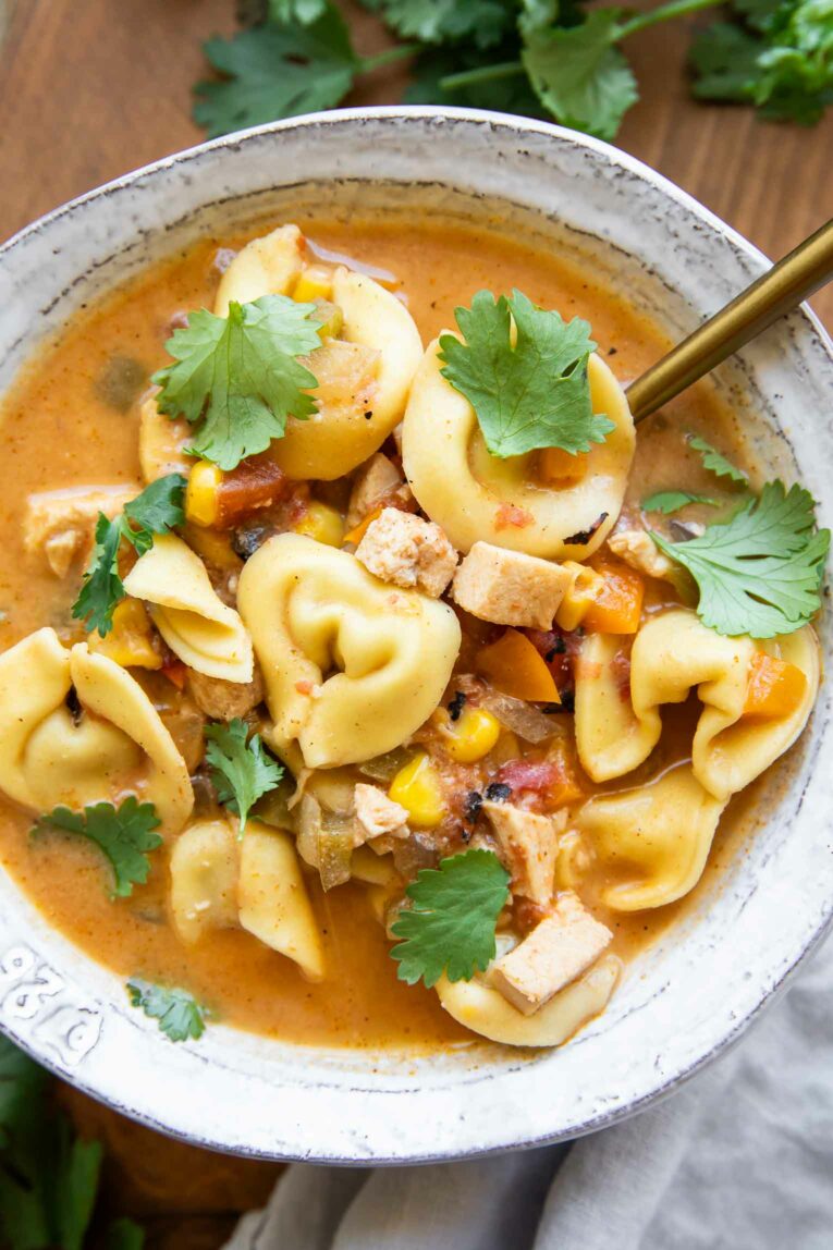 Close up of tortellini protein soup recipe.