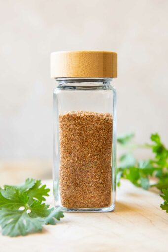 Homemade Fajita Seasoning Recipe in a spice jar.