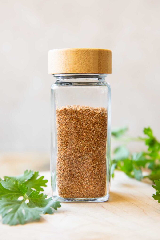 Homemade Fajita Seasoning Recipe in a spice jar.