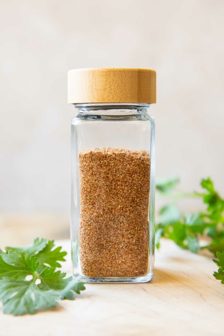 Homemade Fajita Seasoning Recipe in a spice jar.