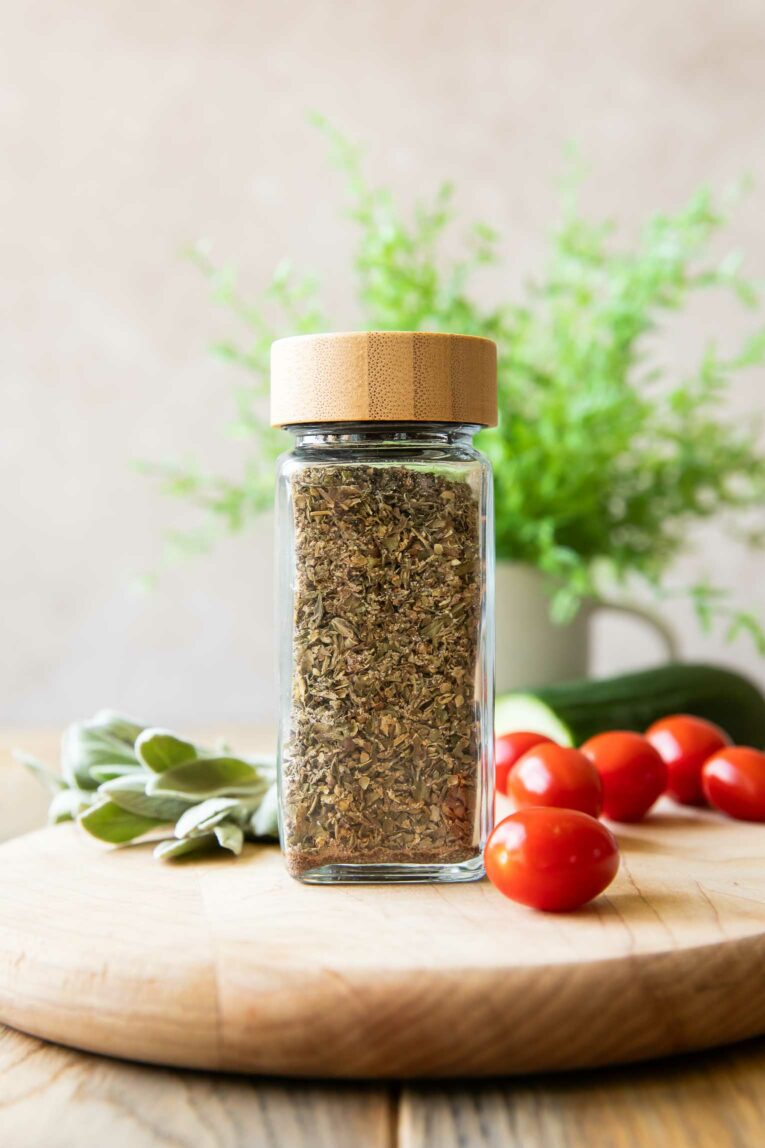 Greek Seasoning recipe in a spice jar.