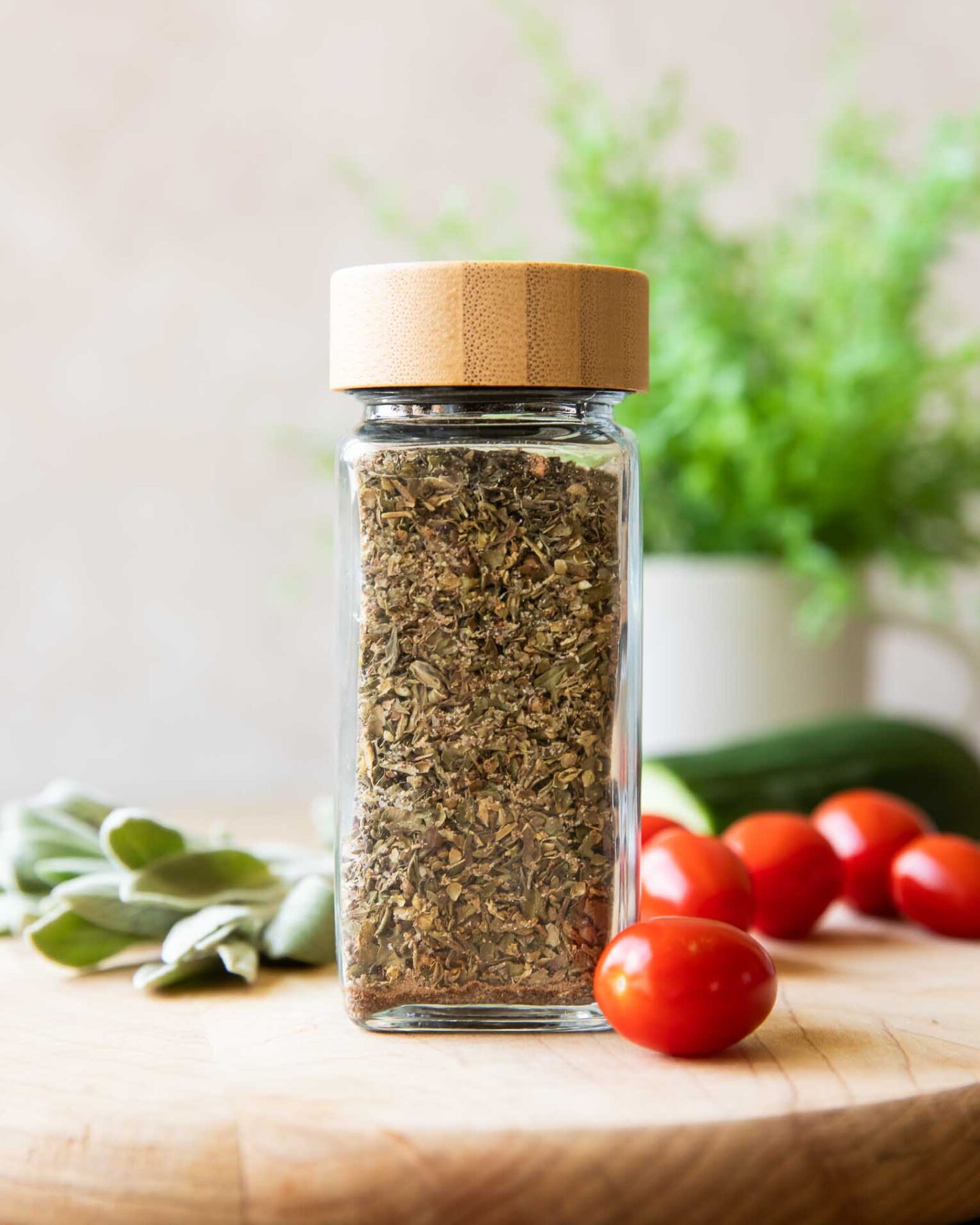 Close up of Greek Seasoning with tomatoes and sage.
