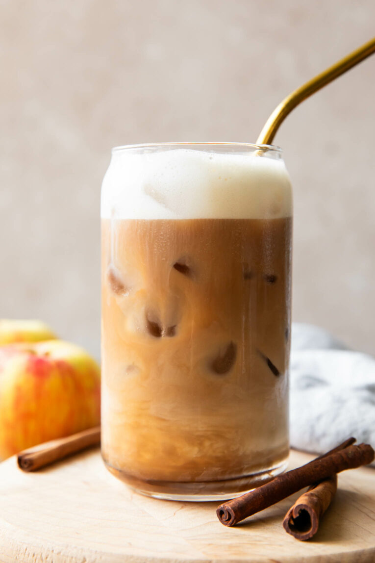 Iced Apple Crisp Cream Chai with apple crisp cold foam.