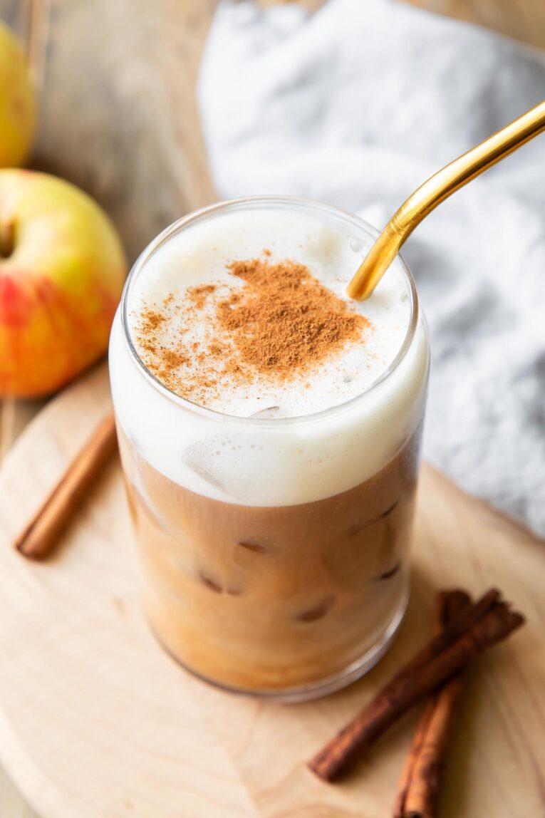 Angled close up of Iced Apple Crisp Cream Nondairy Chai recipe.