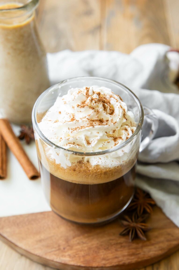 Angled photo of pumpkin coffee with Pumpkin Spice Creamer.