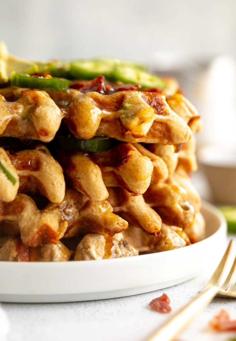 Across shot photo of Vegetarian Bacon Waffles.
