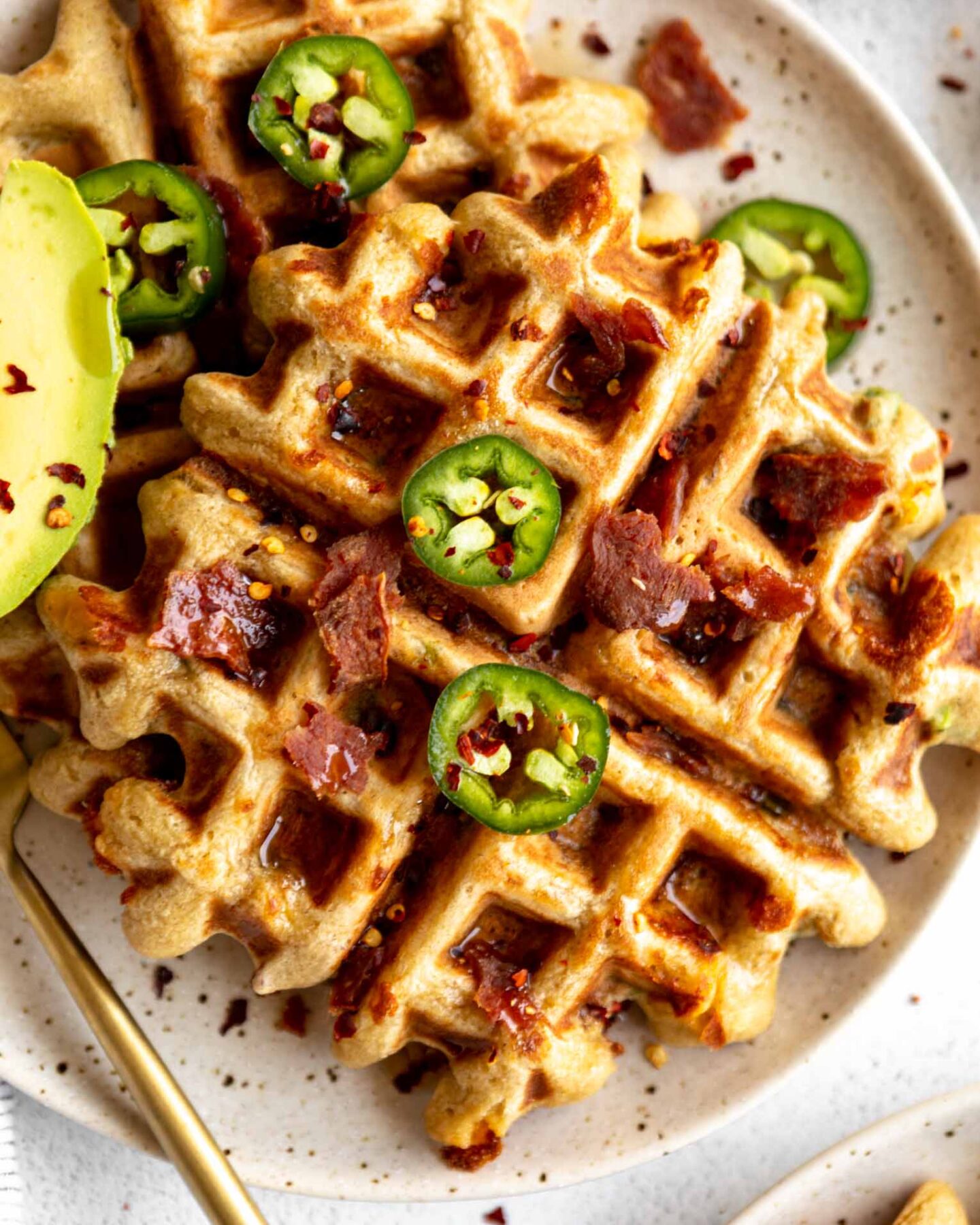 Top shot photo of savory vegetarian waffles recipe.