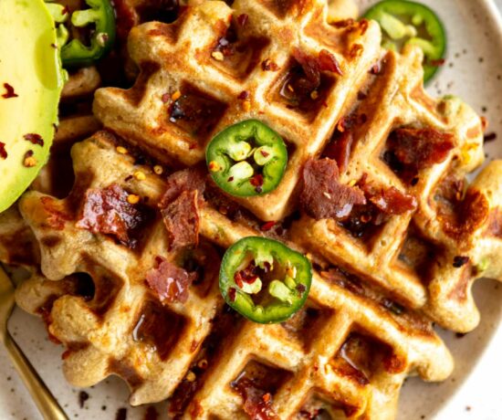 Top shot photo of savory vegetarian waffles recipe.