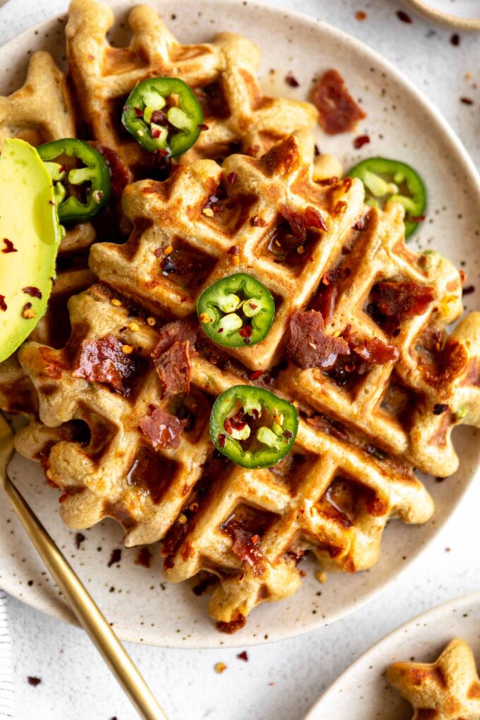 Top shot photo of savory vegetarian waffles recipe.