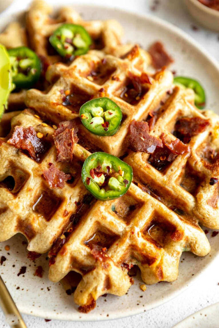 Angled photo of vegetarian bacon waffles.