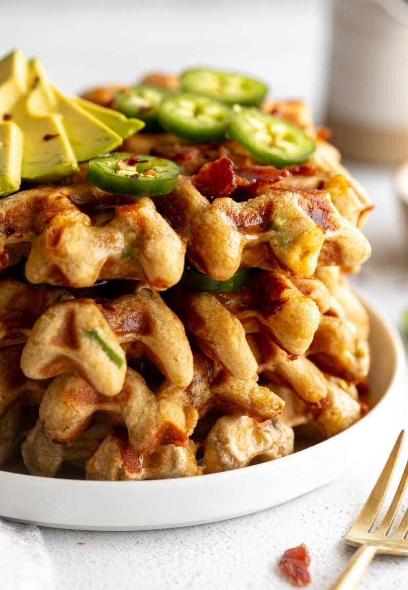Close up of savory vegetarian waffles.