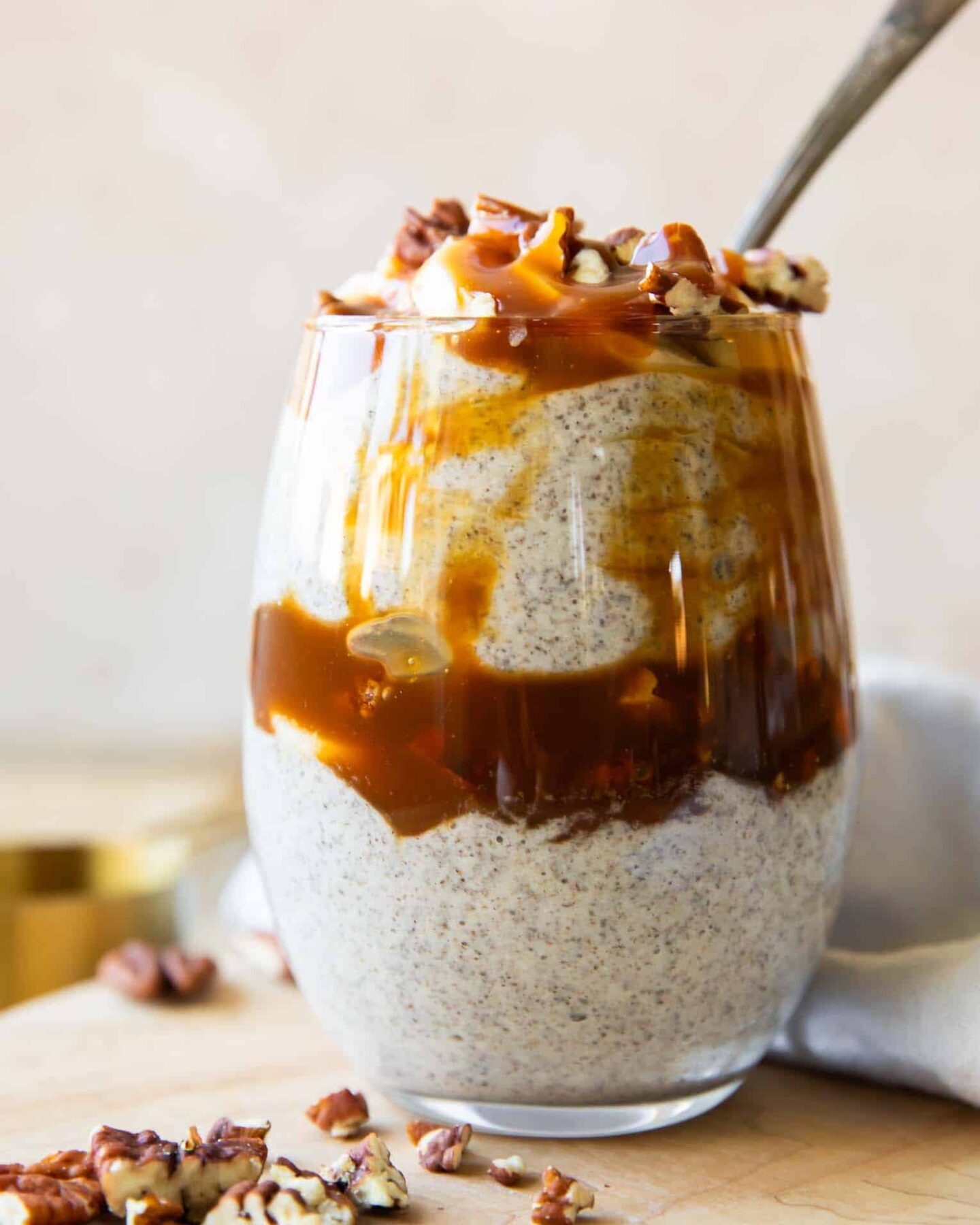 Close up of a healthy chia seed parfait in a glass.
