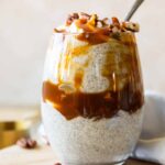 Close up of a healthy chia seed parfait in a glass.