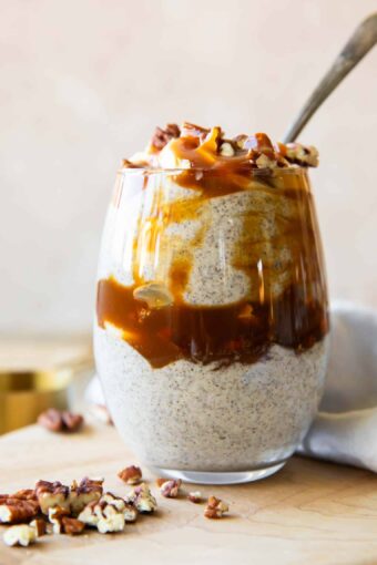 Close up of a healthy chia seed parfait in a glass.