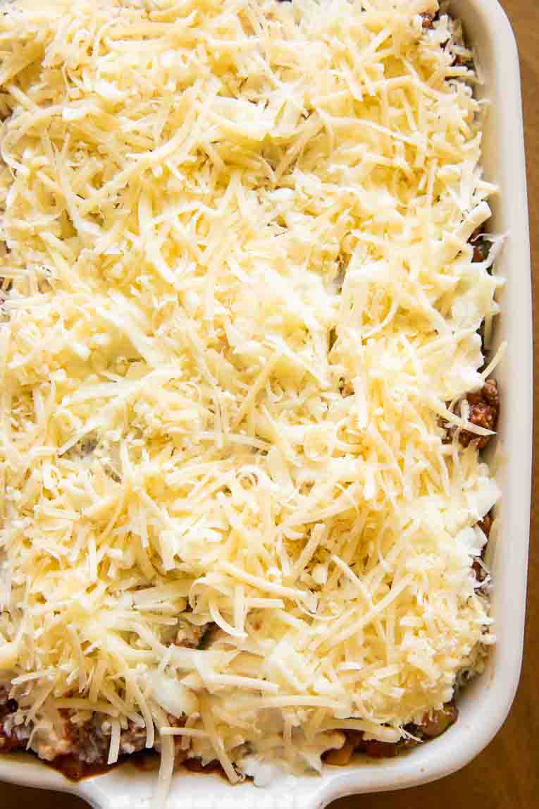 Healthy cottage cheese lasagna topped with mozzarella and parmesan.