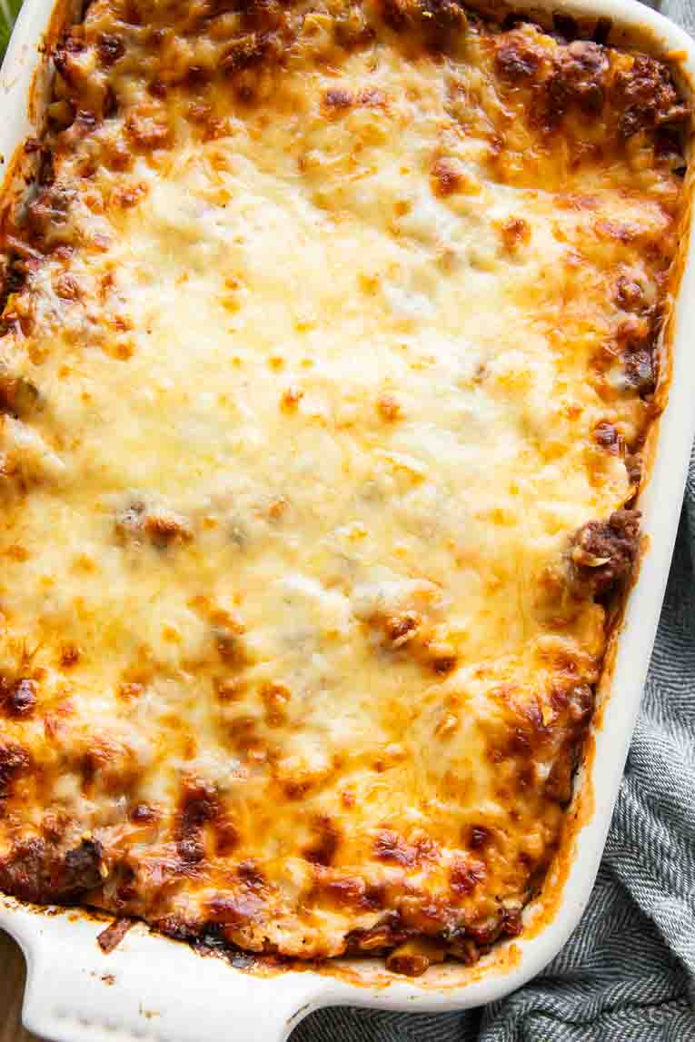 Baked Easy Healthy Lasagna Recipe in a dish.