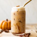 Across photo of Iced Pecan Crunch Oatmilk Latte Starbucks.