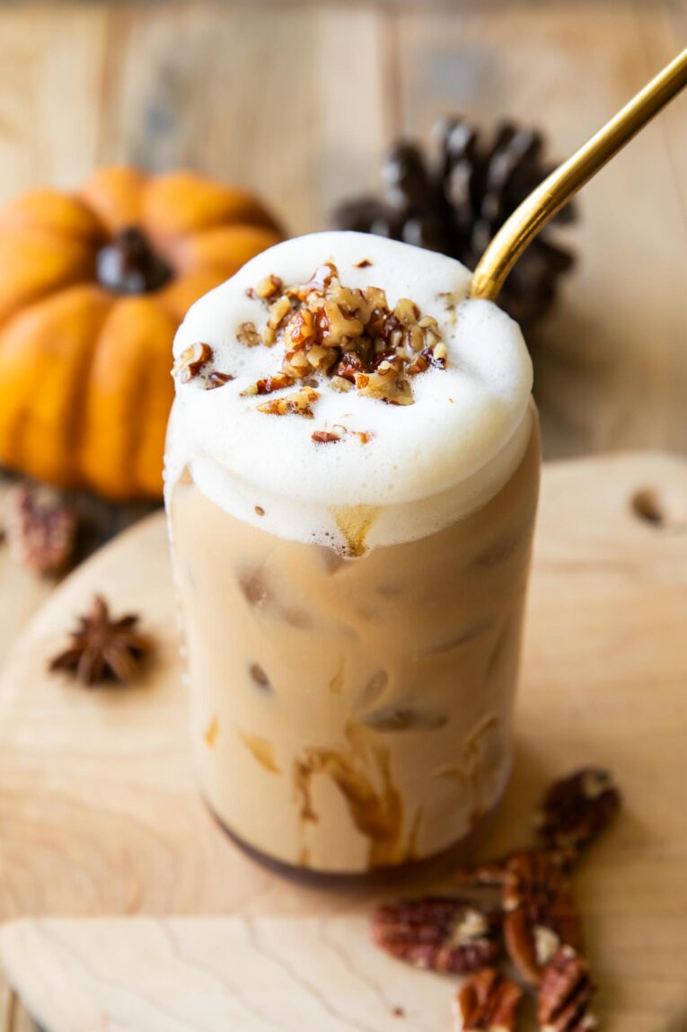 Angled photo of Starbucks copycat Iced Pecan Crunch Oatmilk Latte.