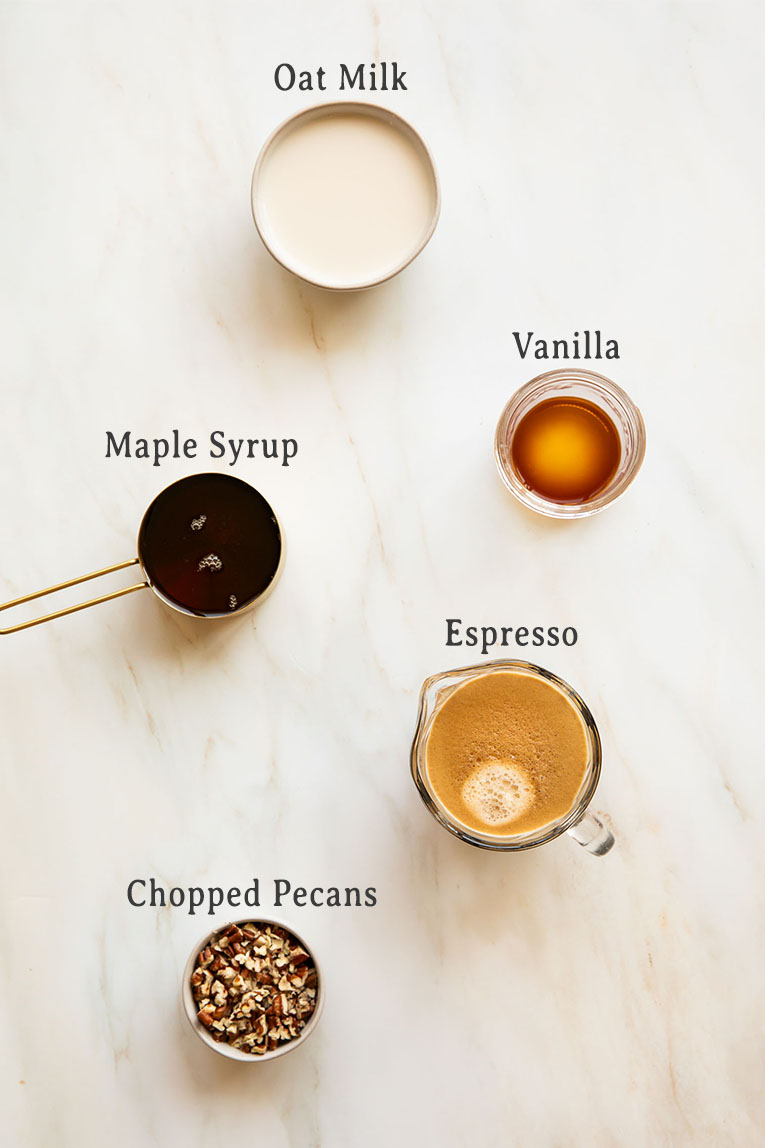 Ingredients for Iced Pecan Crunch Oatmilk Latte recipe.