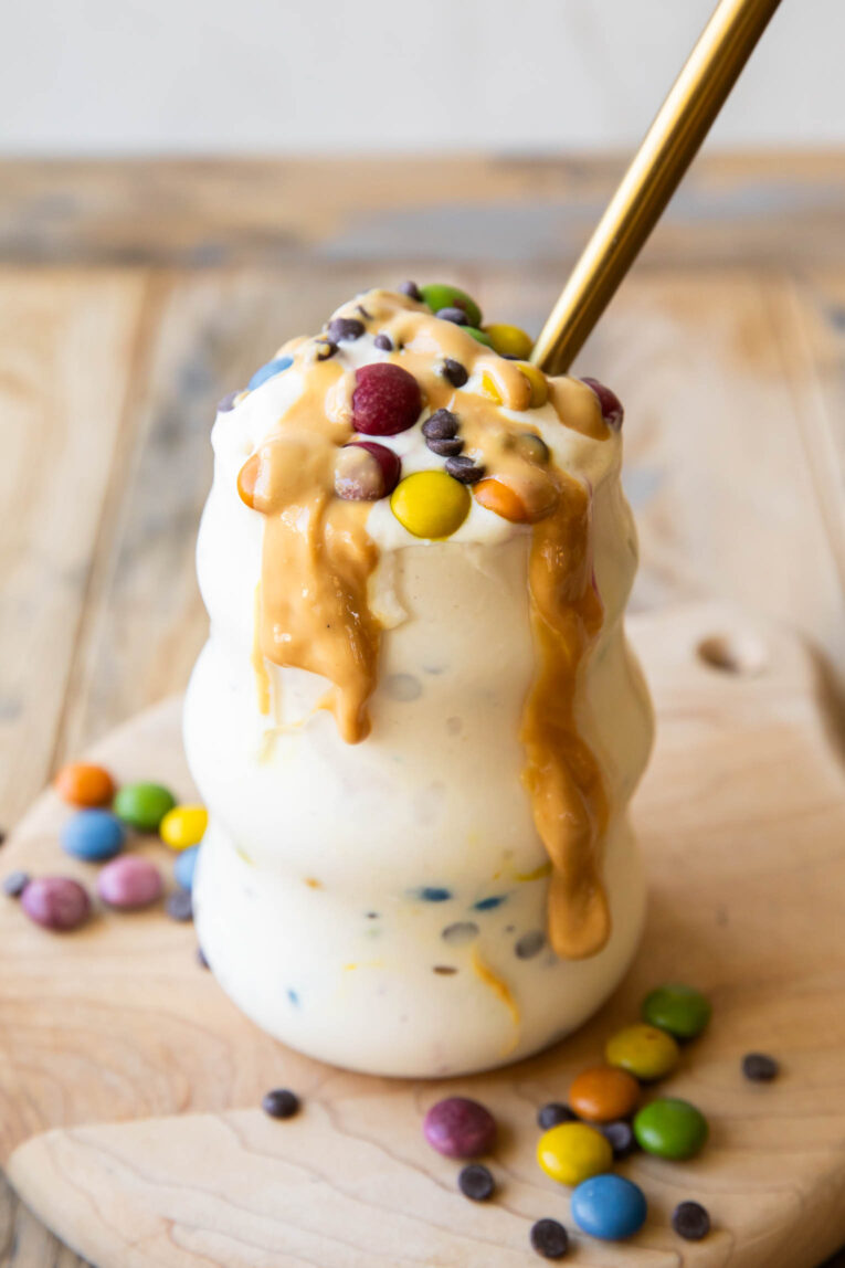 Angled photo of Monster Cookie Protein shake recipe.
