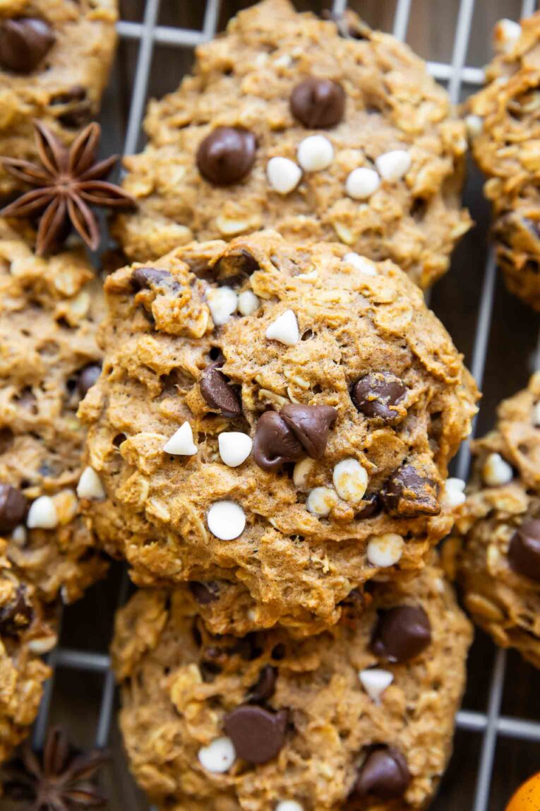 Close up of Pumpkin Oatmeal Cookies with chocolate chips.