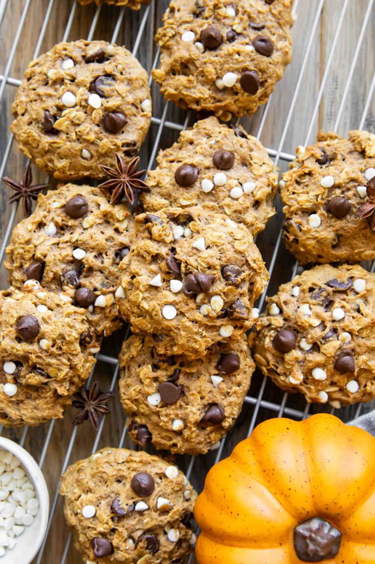 Healthy pumpkin cookies on a cooling rack.