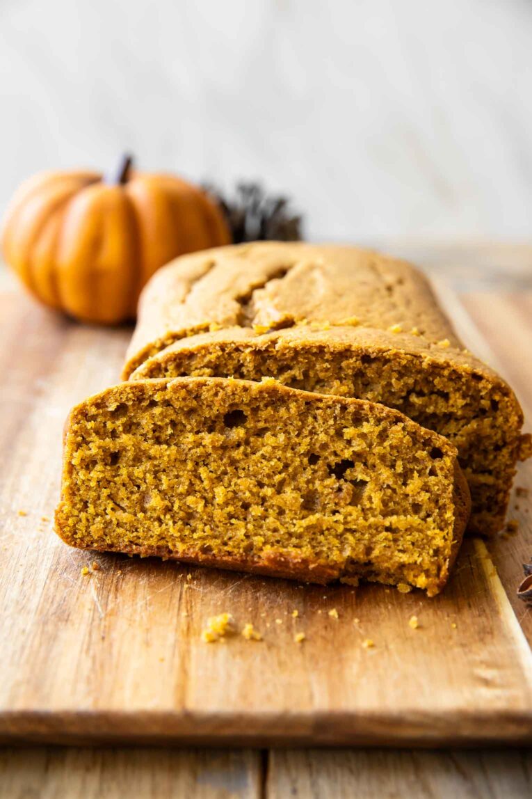 Across photo of sliced pumpkin cake.