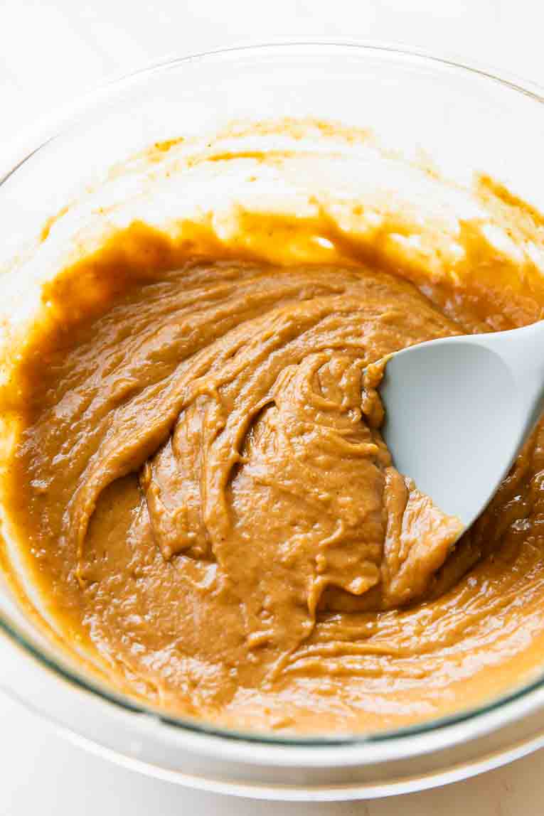Batter being mixed for Pumpkin Olive Oil Cake.