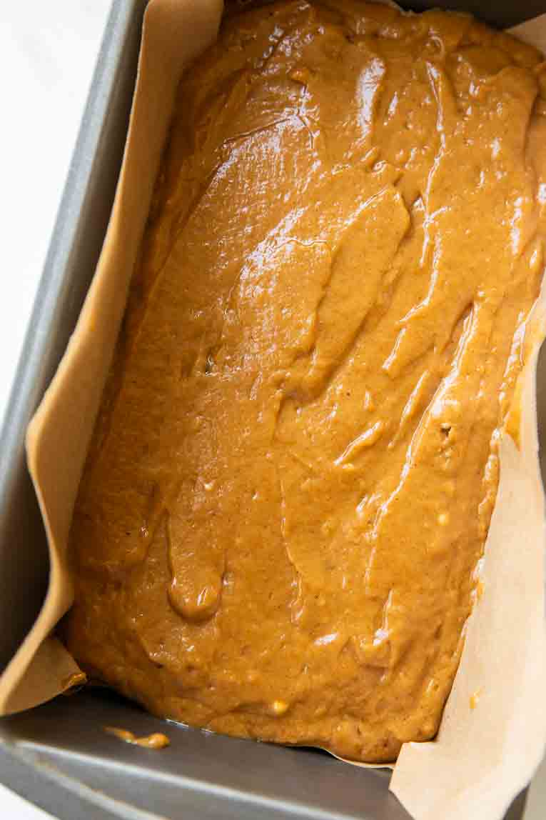 Pumpkin Olive Oil Cake batter in a loaf pan.