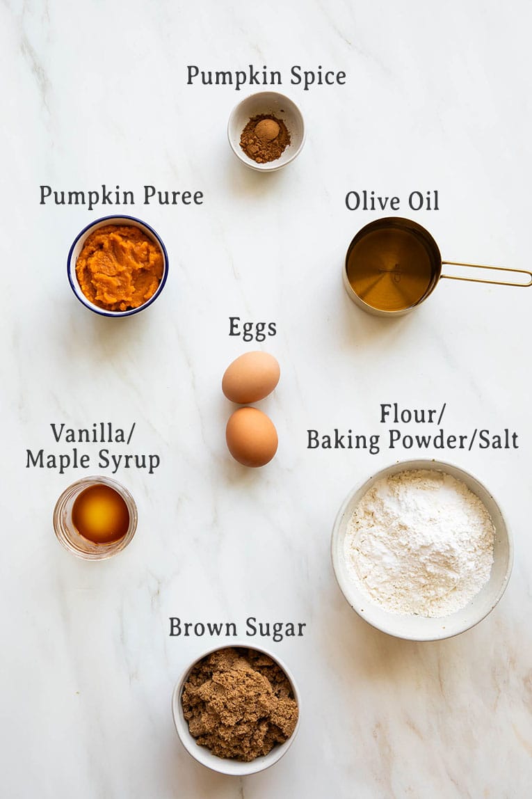 Pumpkin Olive Oil Cake ingredients on a countertop.