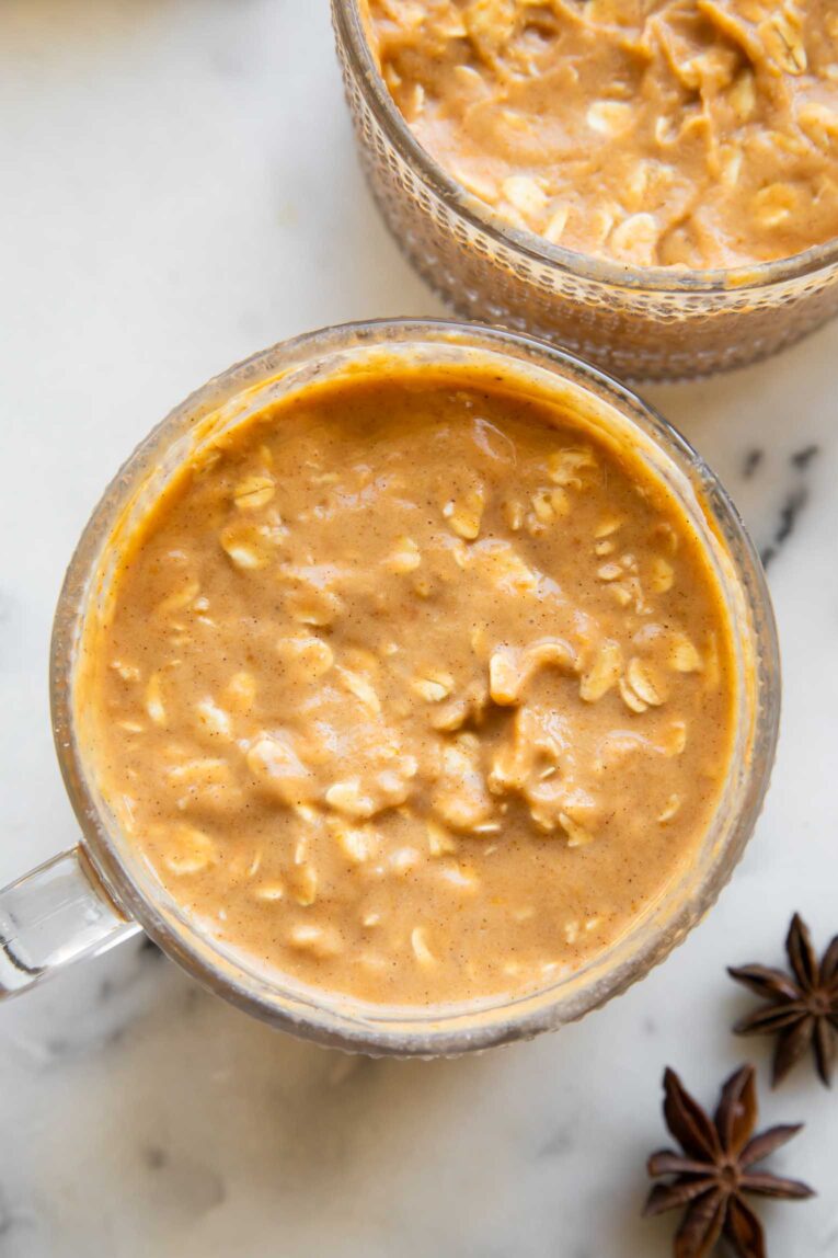 Pumpkin Pie Overnight Oats in a mug.