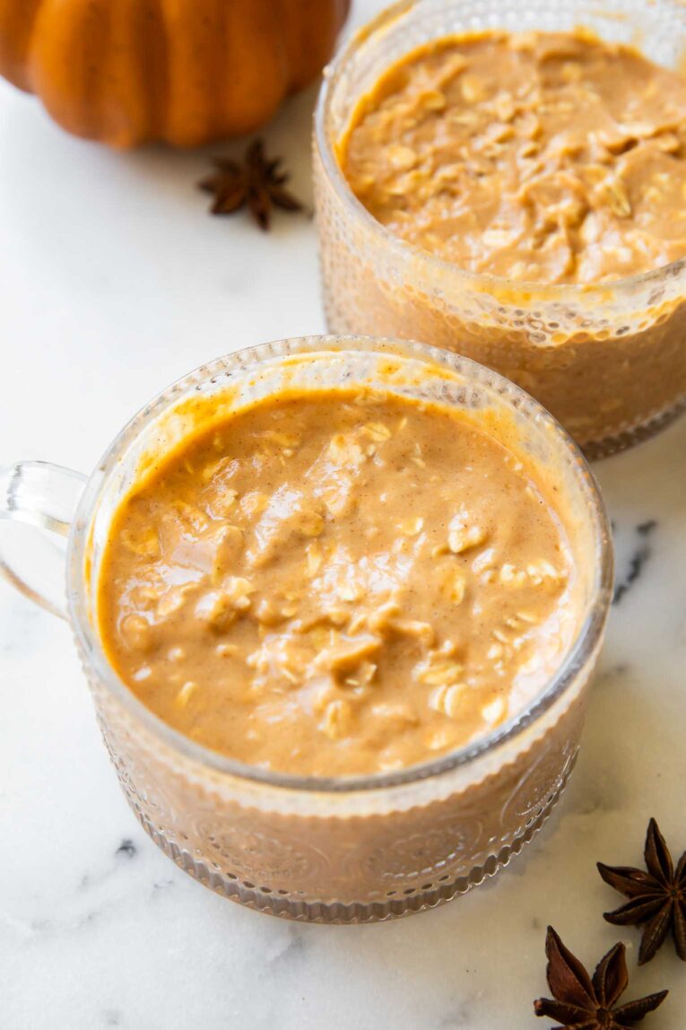 Angled photo of Pumpkin Pie Overnight Oats recipe.