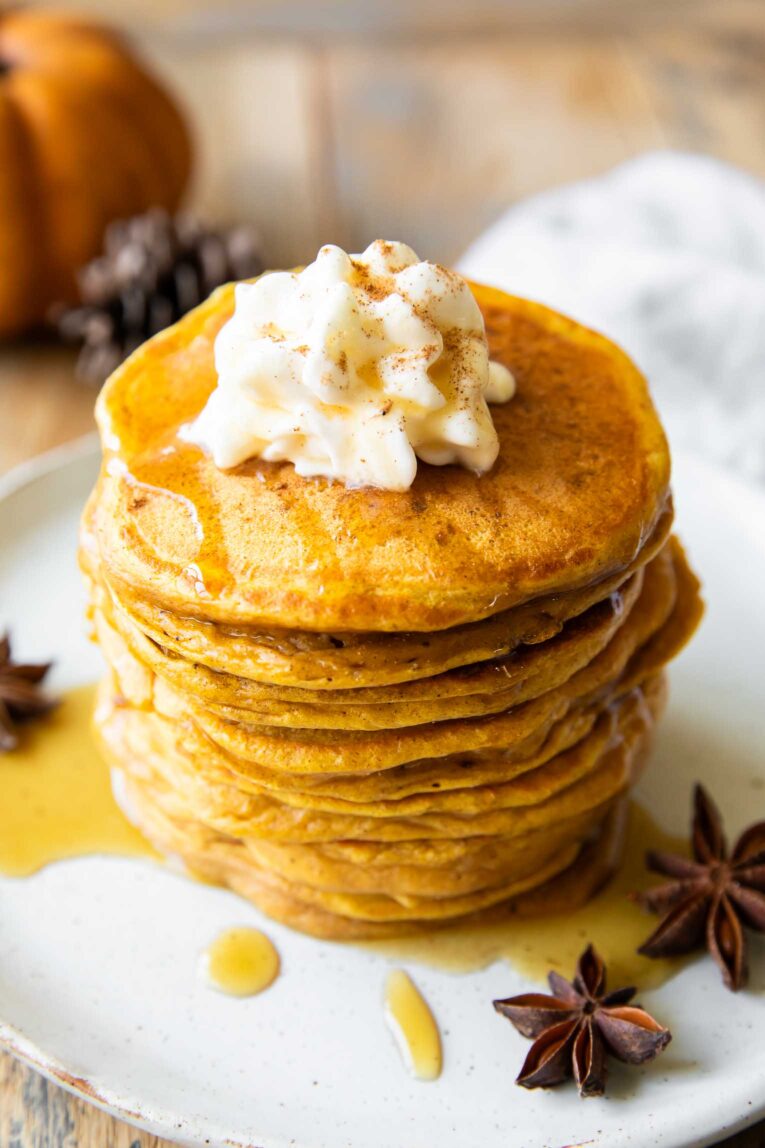 Pumpkin cottage cheese pancakes angled photo.