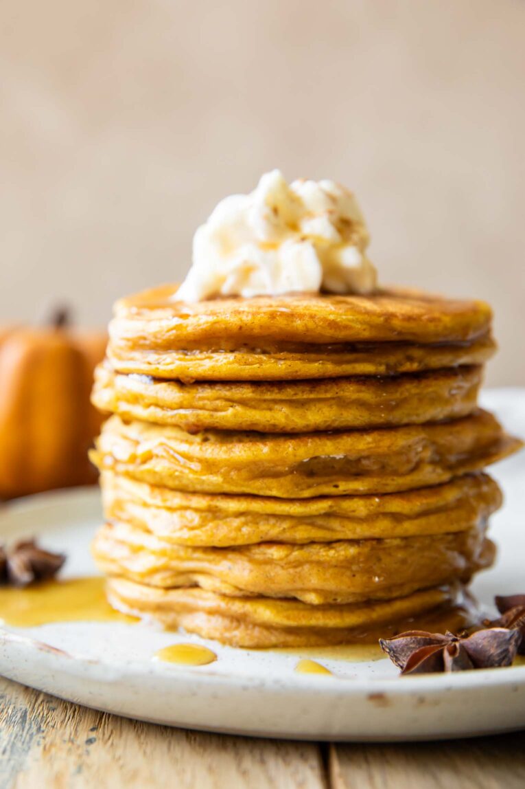 Close up of Pumpkin Protein Pancakes.