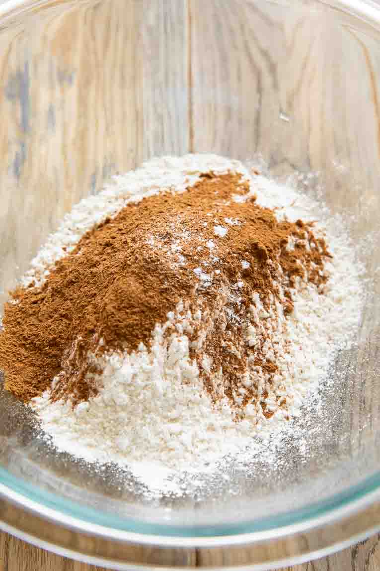 Dry ingredients for Pumpkin Protein Pancakes in a bowl.