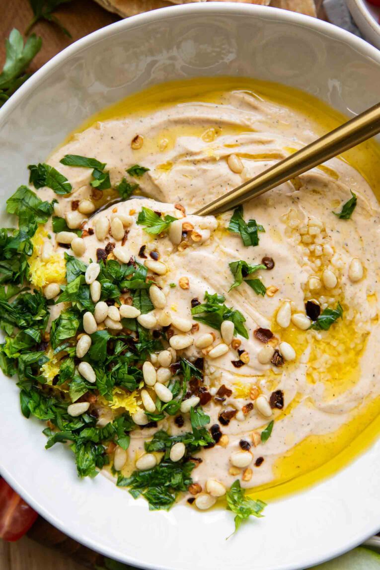Close up of Whipped Feta cheese Dip recipe.
