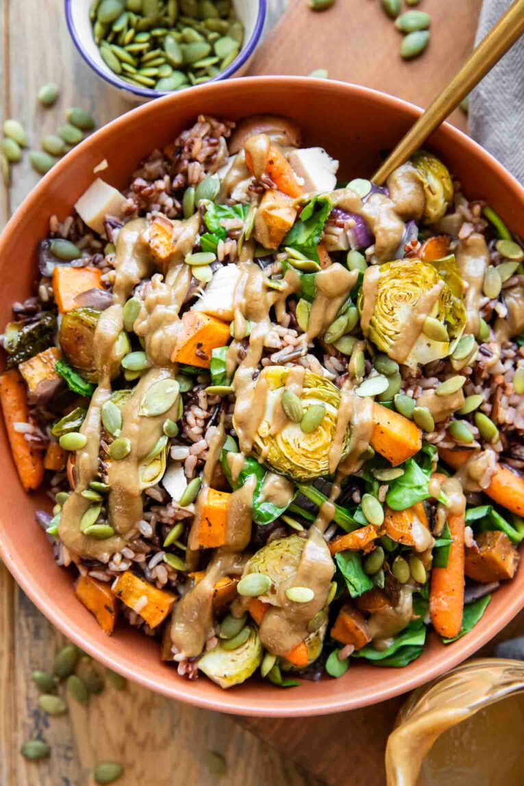 Top shot photo of These Wild Rice Fall Harvest Bowls recipe.