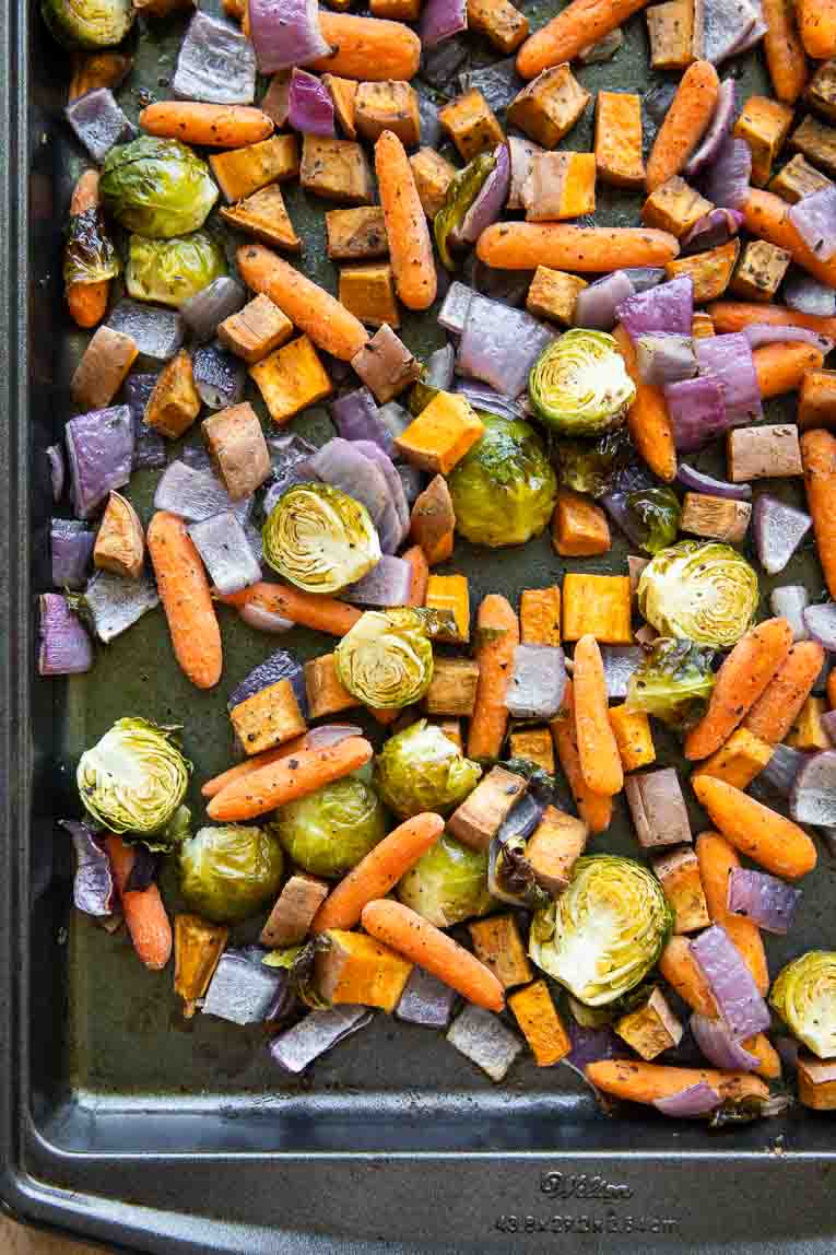 Roasted fall veggies for wild rice harvest bowls.