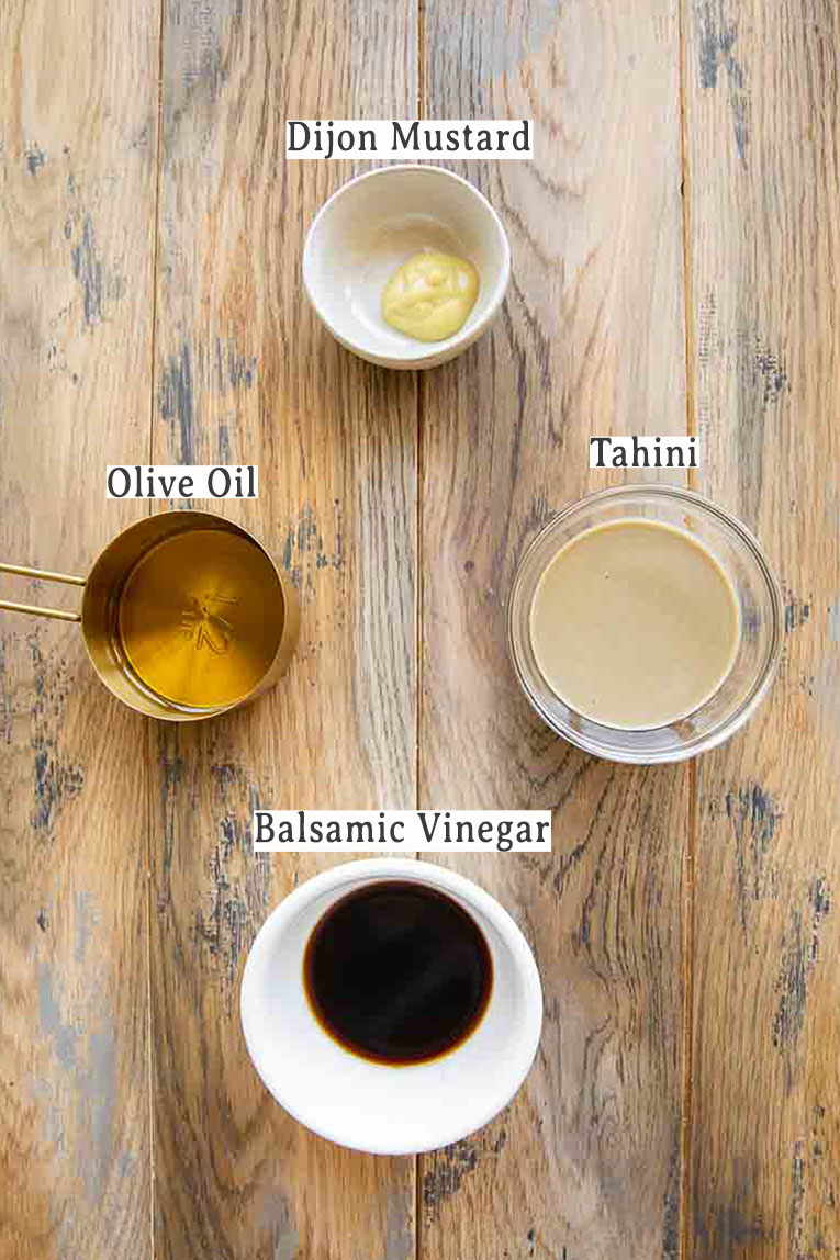 Ingredients for tahini balsamic dressing.