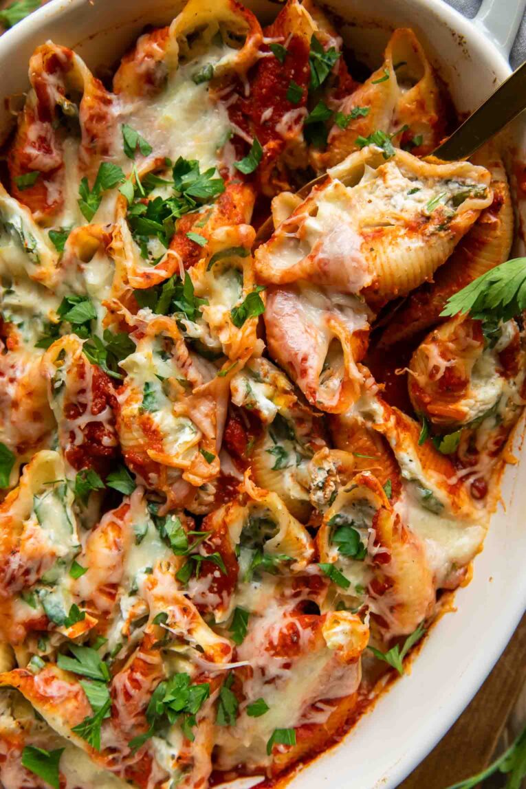 Baked stuffed shells with creamy chicken filling.