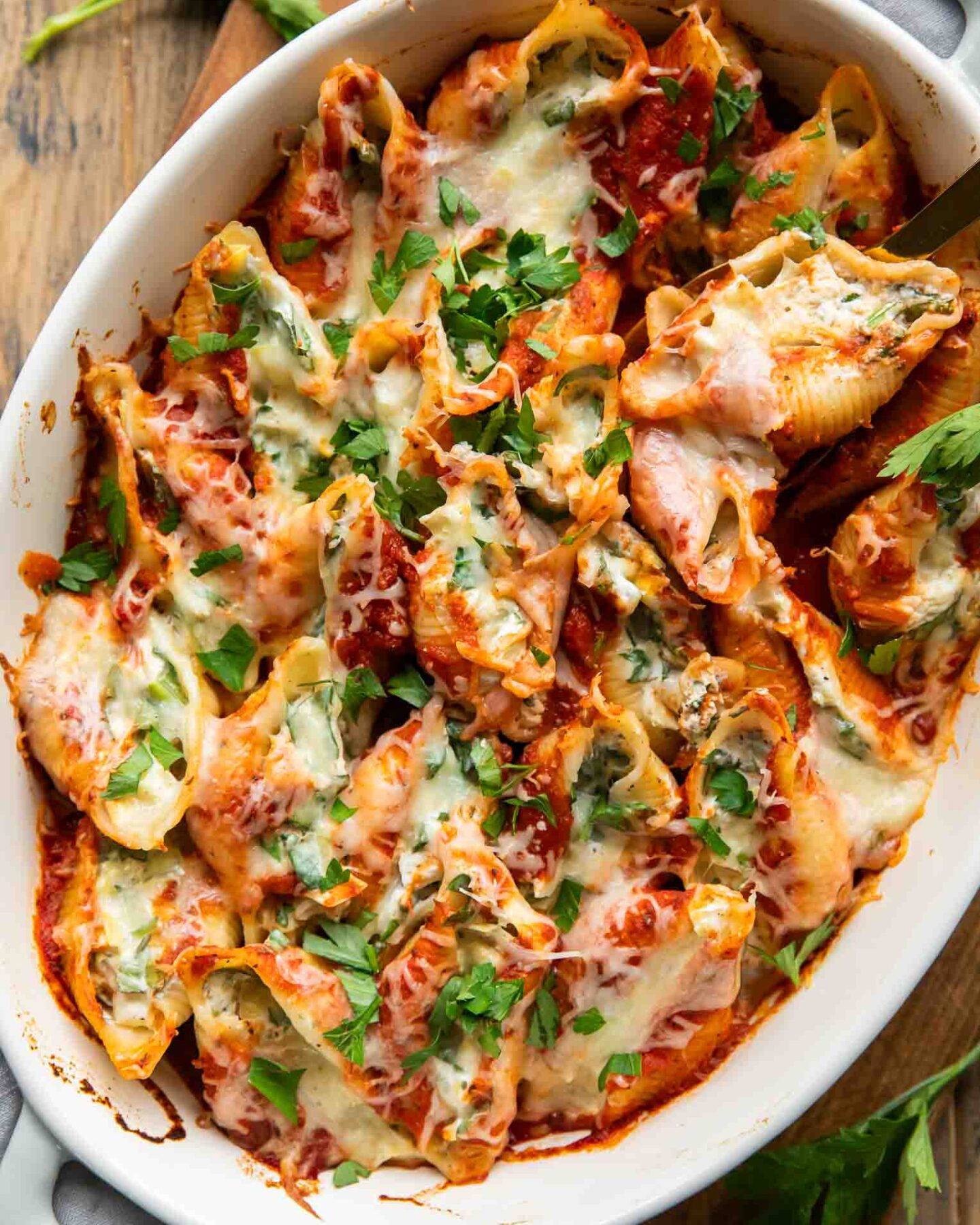 Top shot of Chicken stuffed shells recipe.