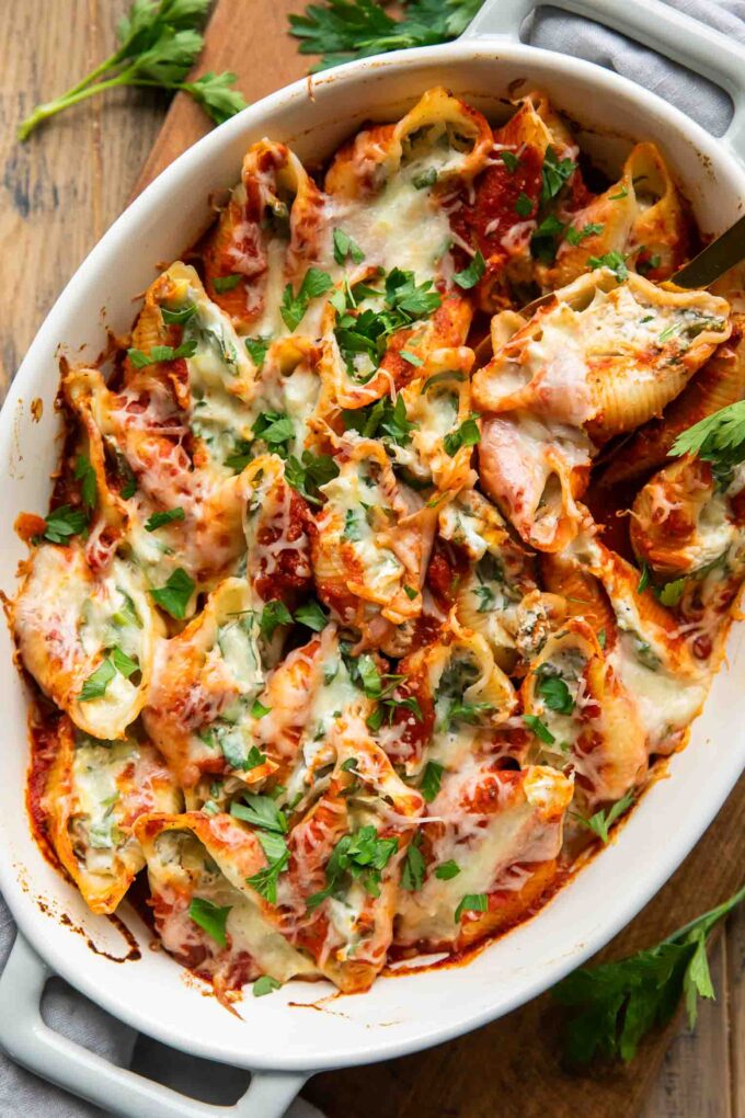 Top shot of Chicken stuffed shells recipe.