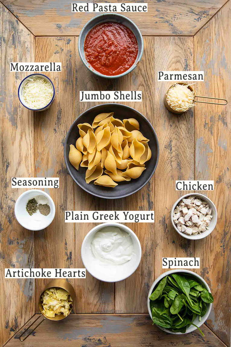 Ingredients for easy chicken stuffed shells recipe.