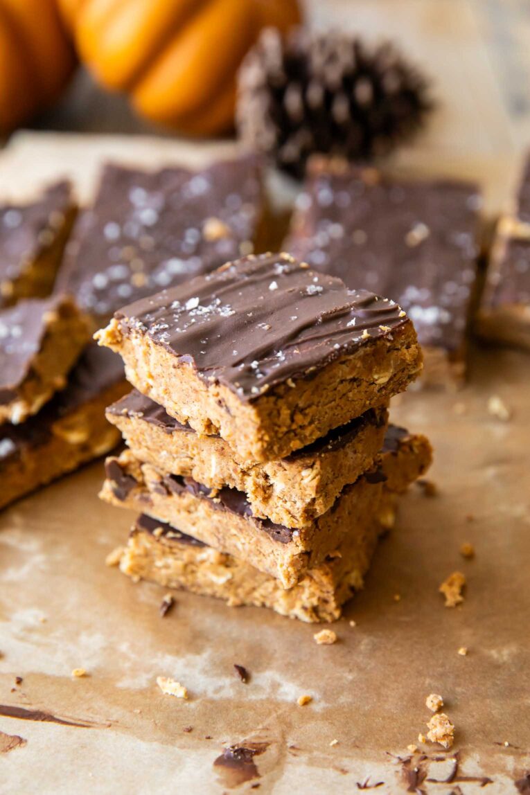 Angled photo of homemade Pumpkin Protein Bars.