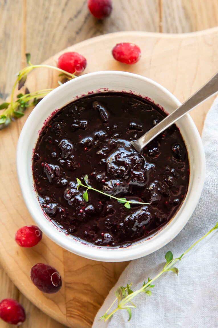 Top shot photo of Cranberry Sauce Recipe in a small bowl.