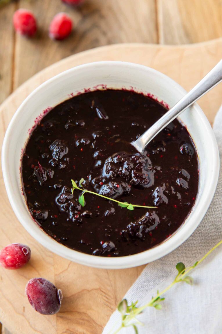 Angled photo of Cranberry Sauce Recipe in a bowl.