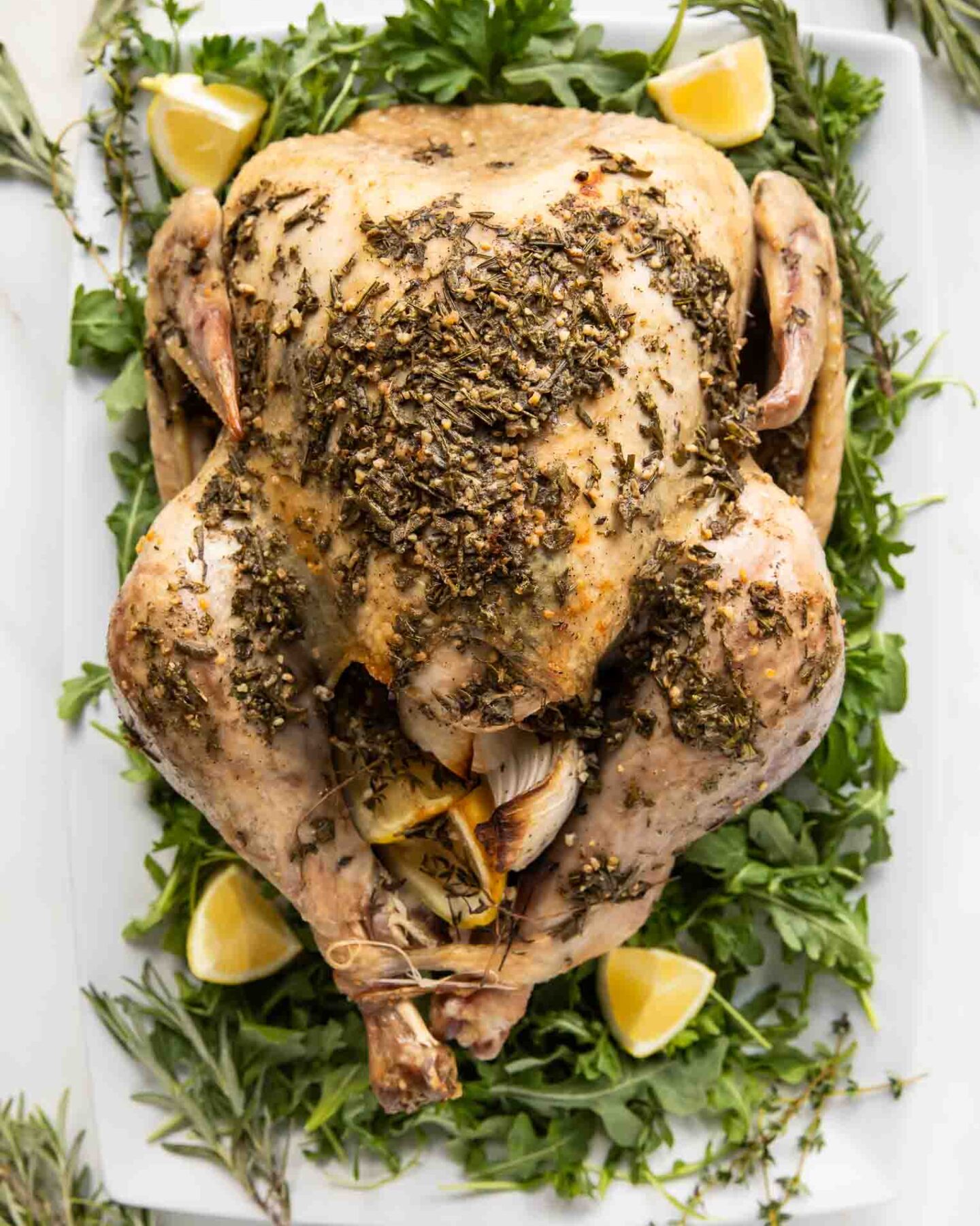 Beautiful roasted turkey with herb butter and seasoning.