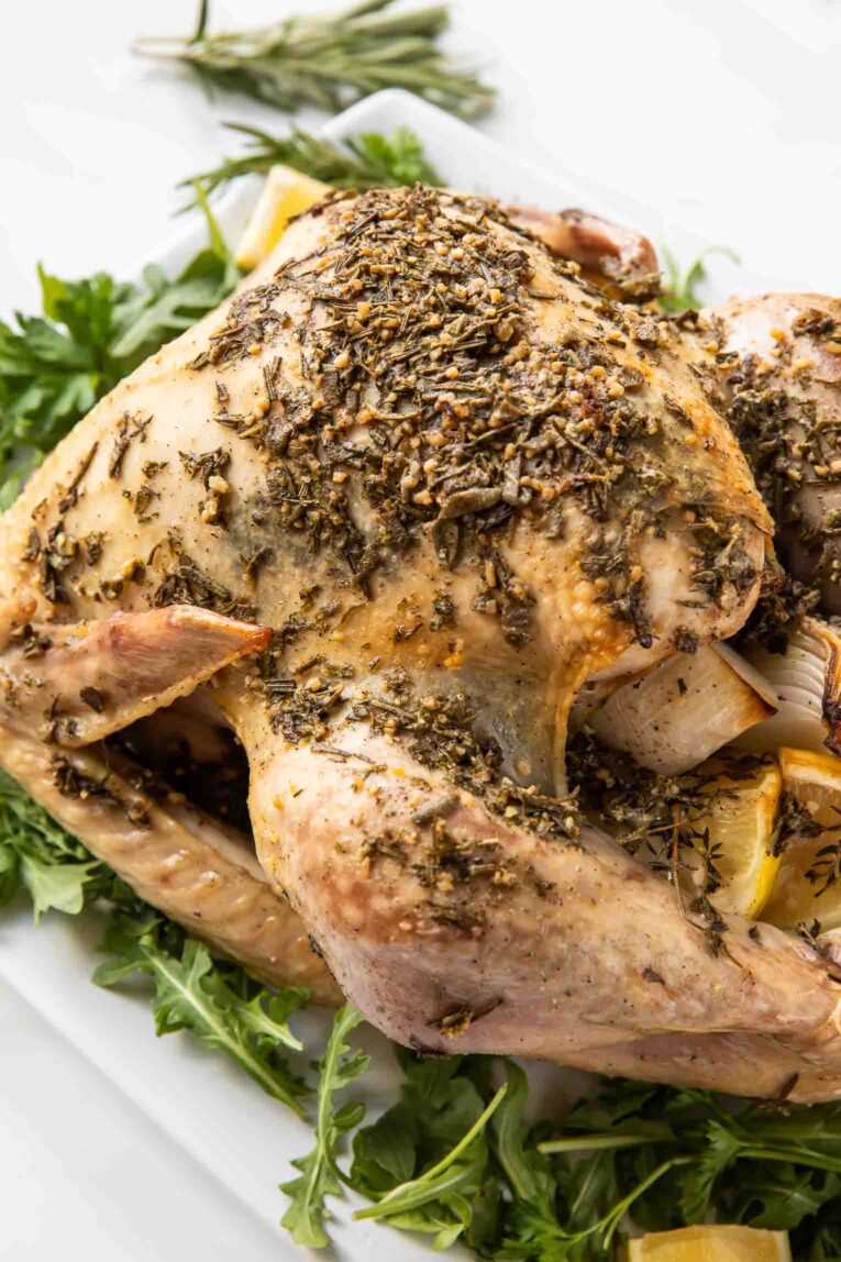 Angled photo of the best Thanksgiving turkey recipe.